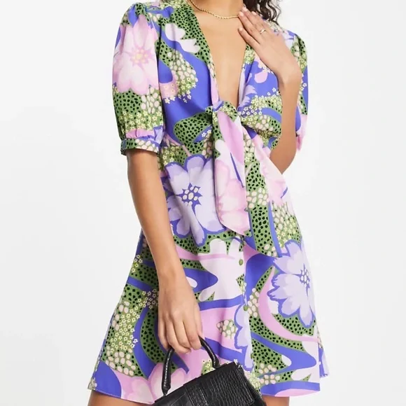 ASOS Tie Front Button Up Mini Dress in Floral Lavender - Picture 10 of 10